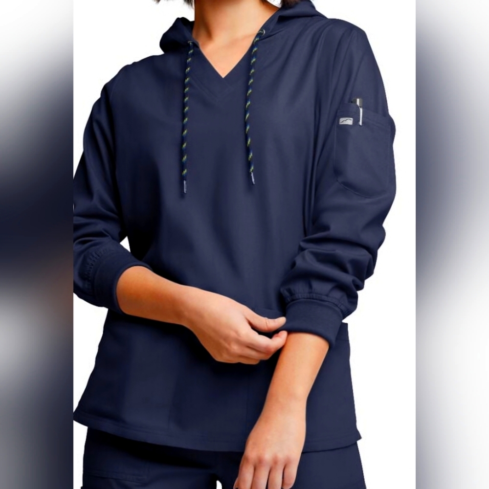 Butter-soft 5 pocket Long Sleeve Pullover Hoodie Scrub Top Navy XS